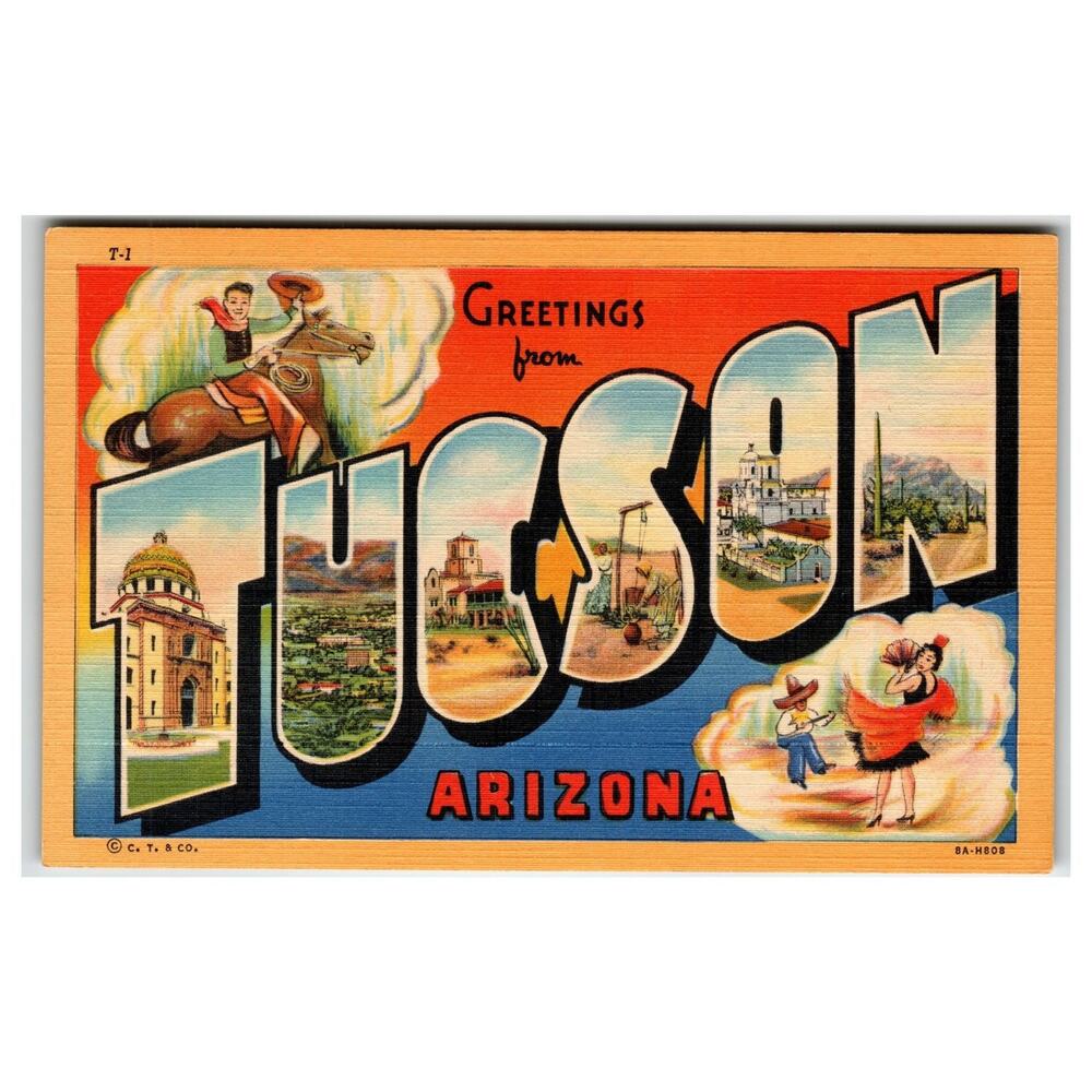 Vintage Large Letter Greetings from Tucson Arizona Linen Postcard CT